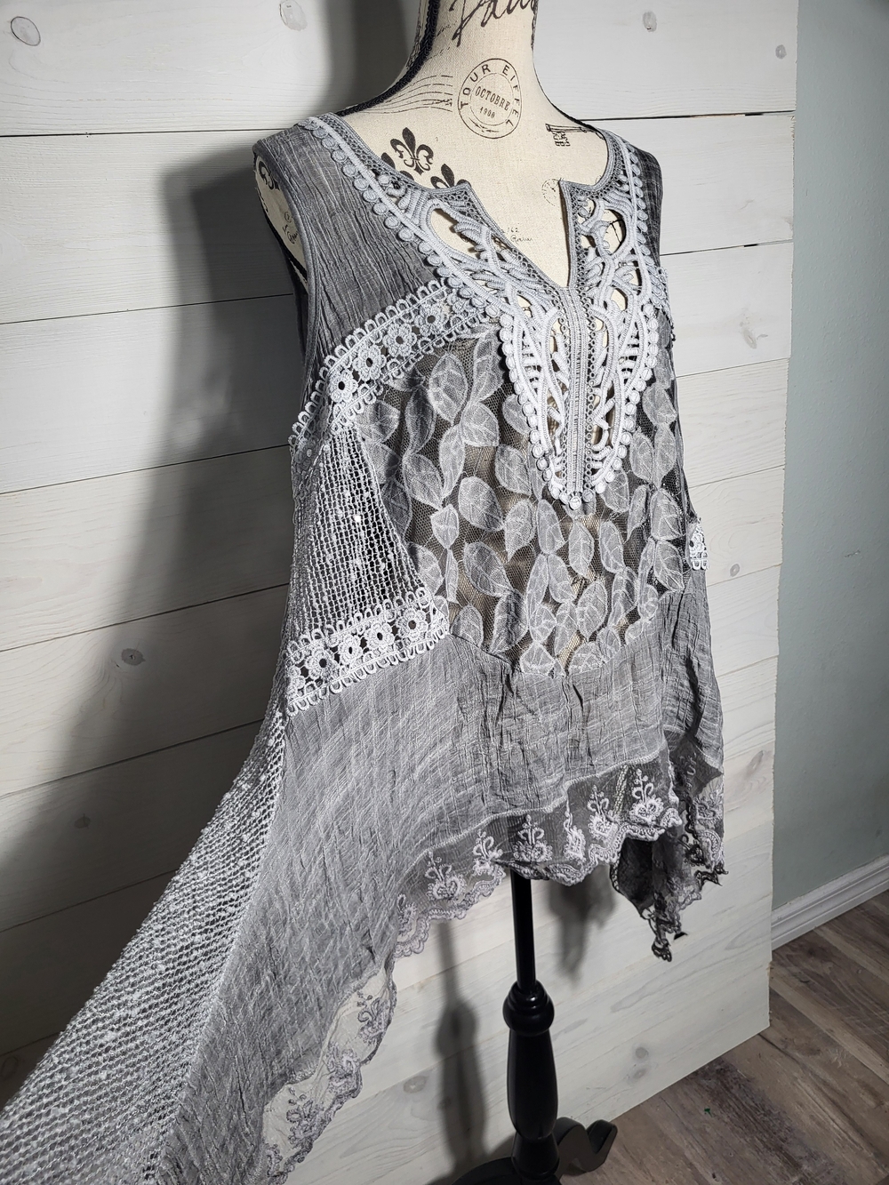 India Boutique Top Cotton Crinkle Lace Asymetrical Hem Tunic Flowy Cotton BOHO. - Picture 3 of 9